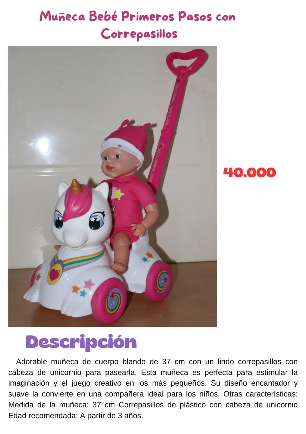 Muñeca Bebé Primeros Pasos con Correpasillos