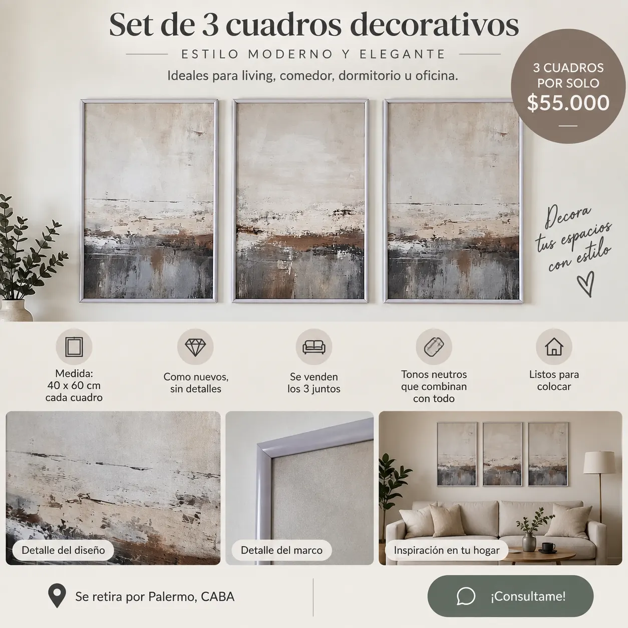 Set 3 cuadros decorativos 40×60 cm c/u –
