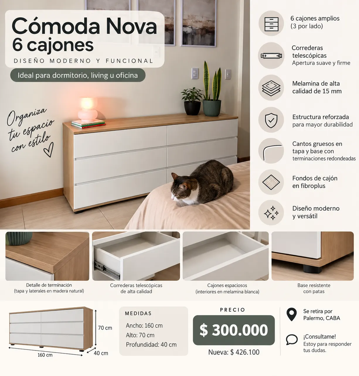 Cómoda Nova 6 cajones 160 cm