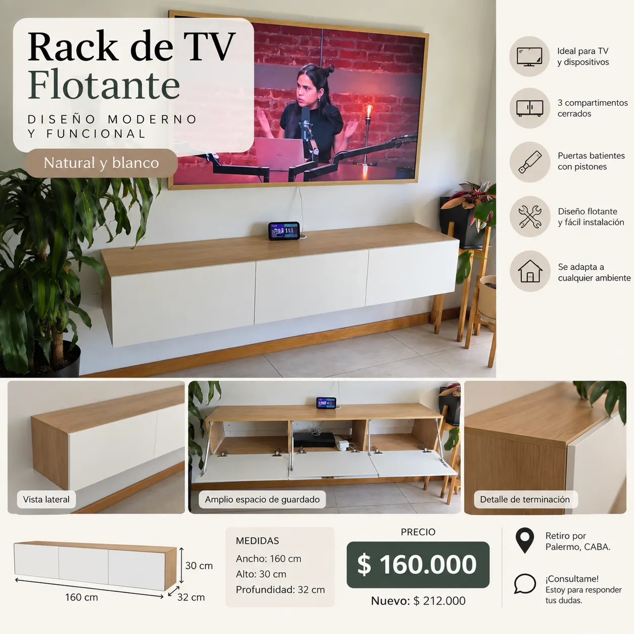Rack de TV flotante 160 cm – Natural y blanco